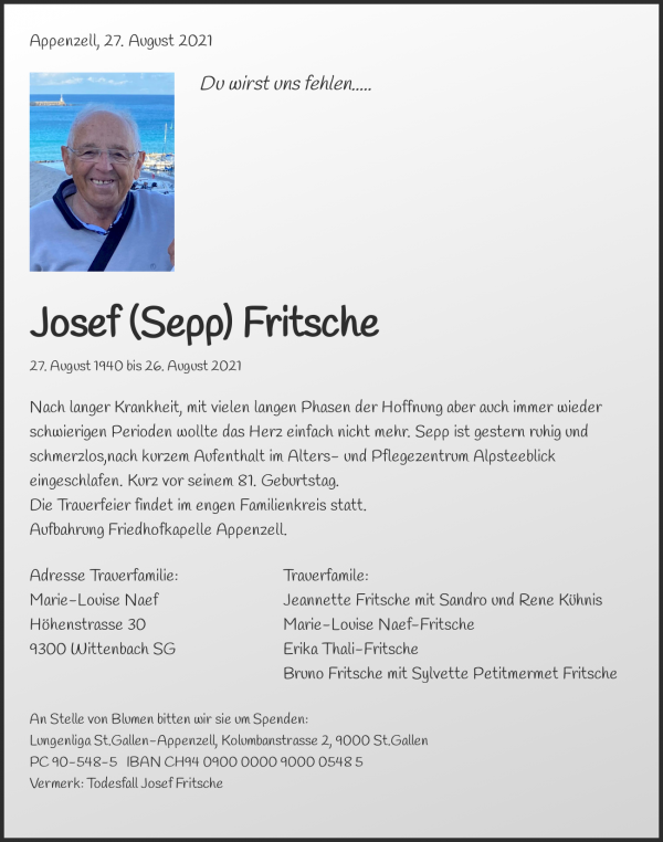 Avis de décès de Josef (Sepp) Fritsche, Appenell