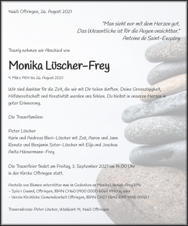 Avis de décès de Monika Lüscher-Frey, Oftringen