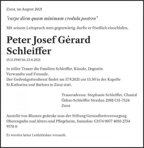 Todesanzeige von Peter Josef Gérard Schleiffer, Samedan