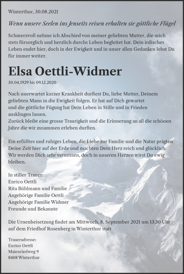 Todesanzeige von Elsa Oettli-Widmer, Winterthur