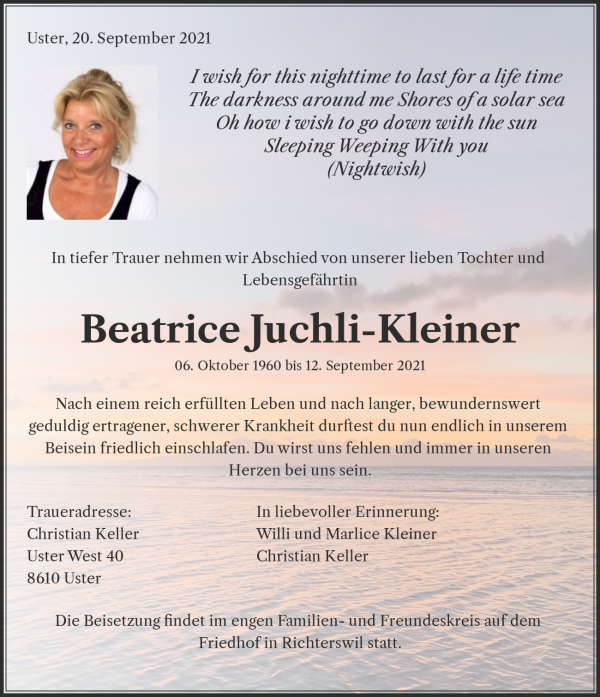 Obituary Beatrice Juchli-Kleiner, Richterswil