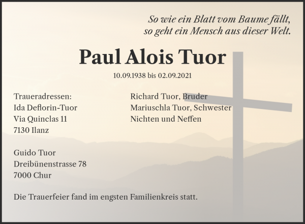 Avis de décès de Paul Alois Tuor, Chur