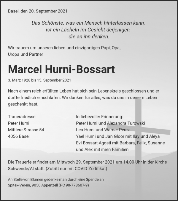 Avis de décès de Marcel Hurni-Bossart, Weissbad