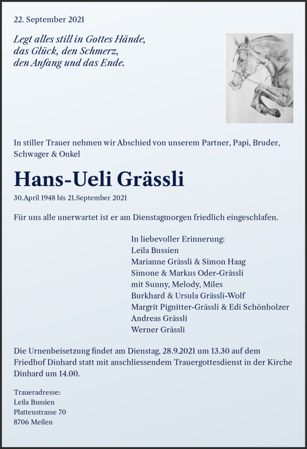 Obituary Hans-Ueli Grässli, Seuzach