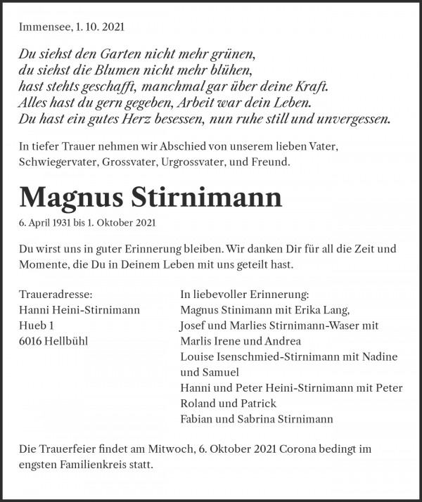 Todesanzeige von Magnus Stirnimann, Udligenswil
