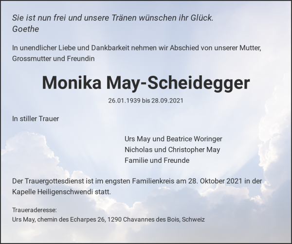 Necrologio Monika May- Scheidegger, Oberhofen am Thunersee