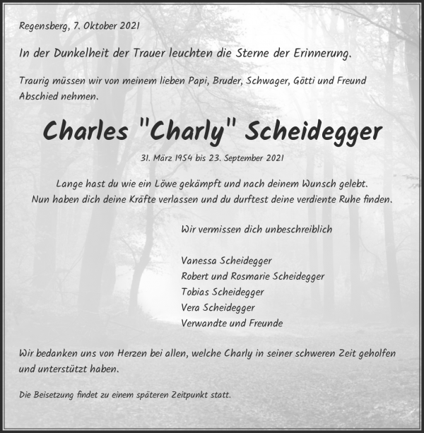 Obituary Charles "Charly" Scheidegger, Regensberg