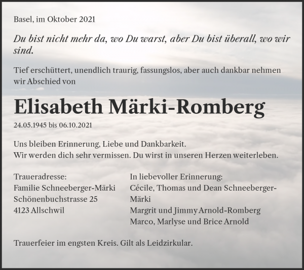Avis de décès de Elisabeth Märki-Romberg, Basel