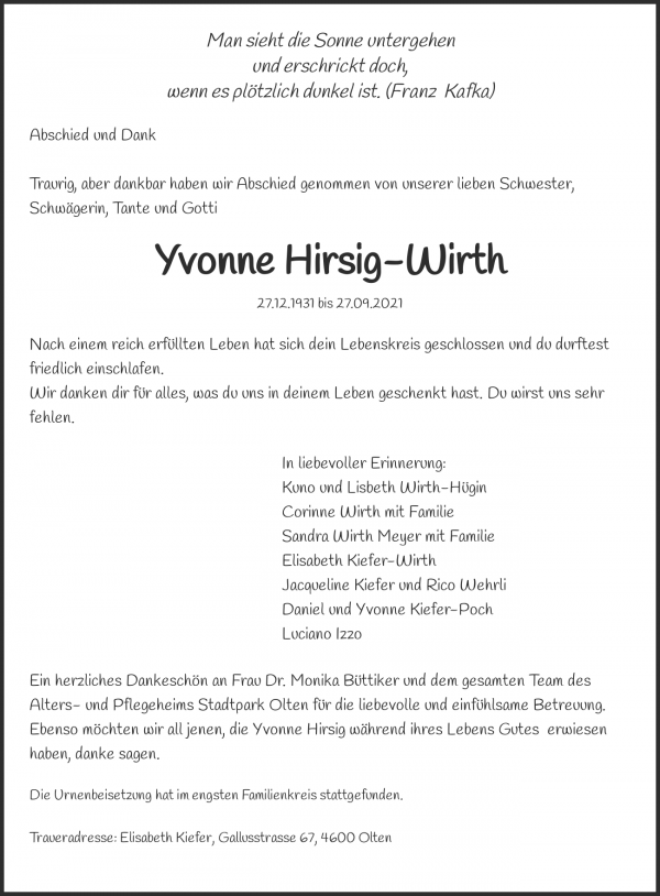 Avis de décès de Yvonne Hirsig-Wirth, Olten