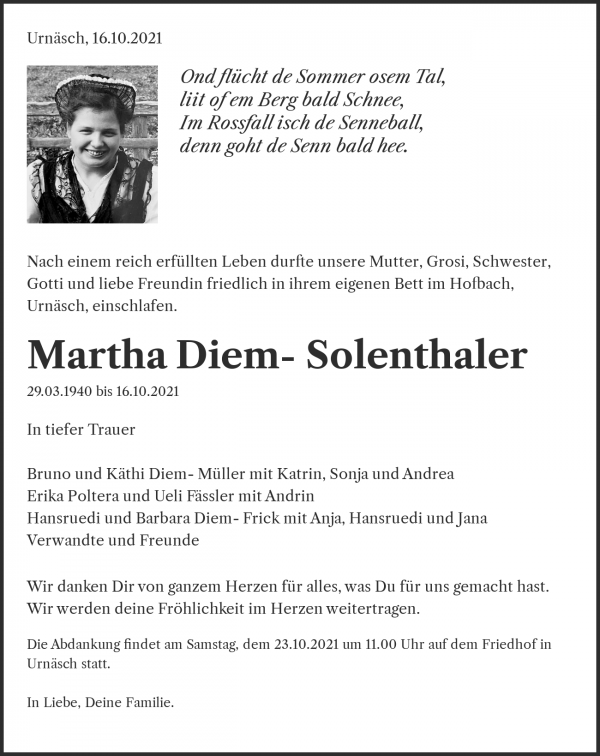 Avis de décès de Martha Diem- Solenthaler, Urnäsch