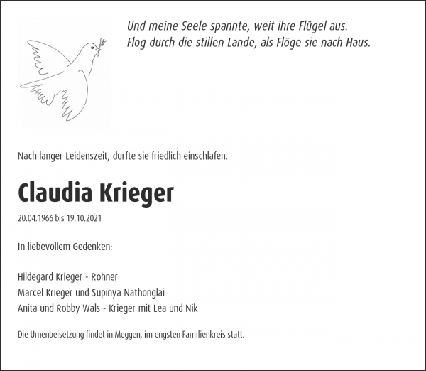 Avis de décès de Claudia Krieger, Meggen