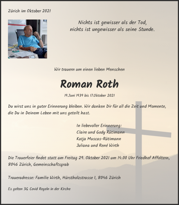 Avis de décès de Roman Roth, Zürich