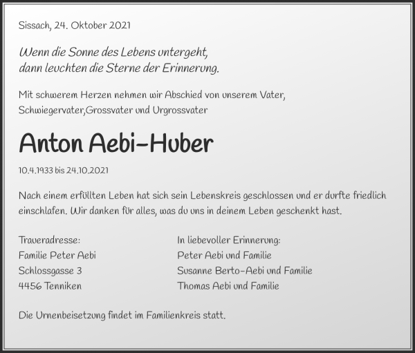 Avis de décès de Anton Aebi-Huber, Sissach