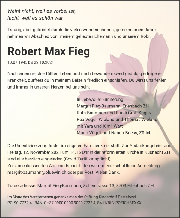 Avis de décès de Robert Max Fieg, Erlenbach