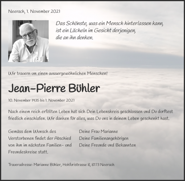 Avis de décès de Jean-Pierre Bühler, Neerach