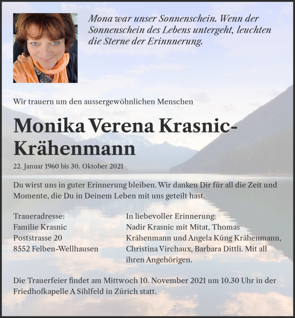 Todesanzeige von Monika Verena Krasnic-Krähenmann, Felben-Wellhausen