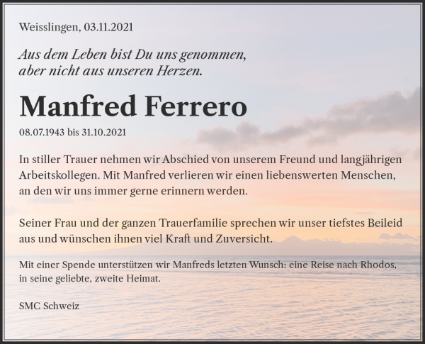 Todesanzeige von Manfred Ferrero, Aarberg