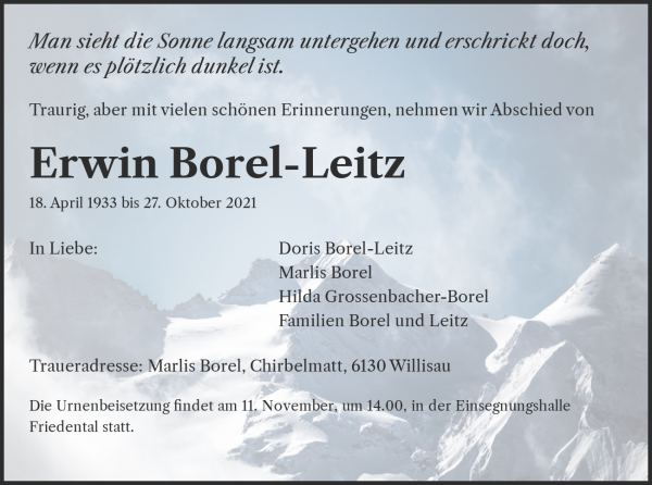 Avis de décès de Erwin Borel-Leitz, Luzern