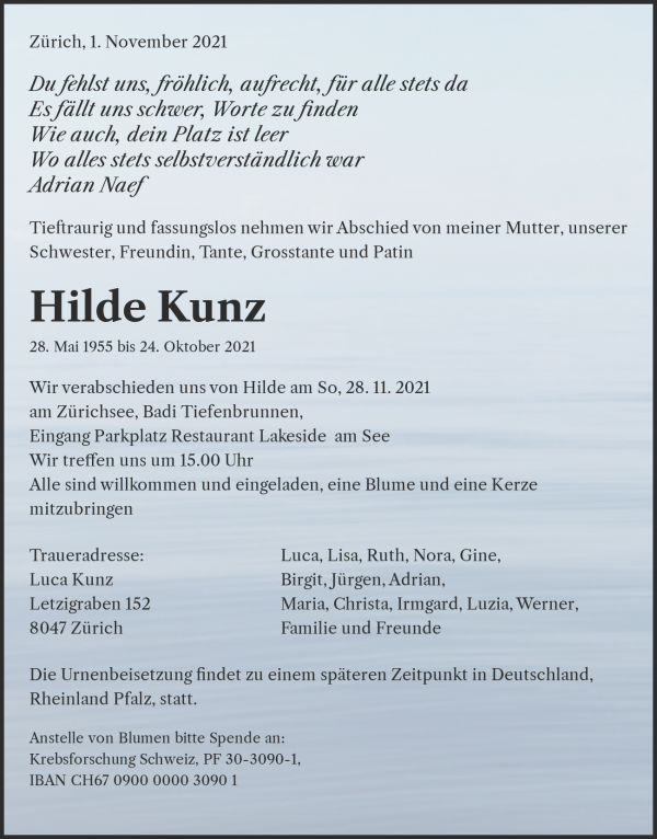Avis de décès de Hilde Kunz, Zürich