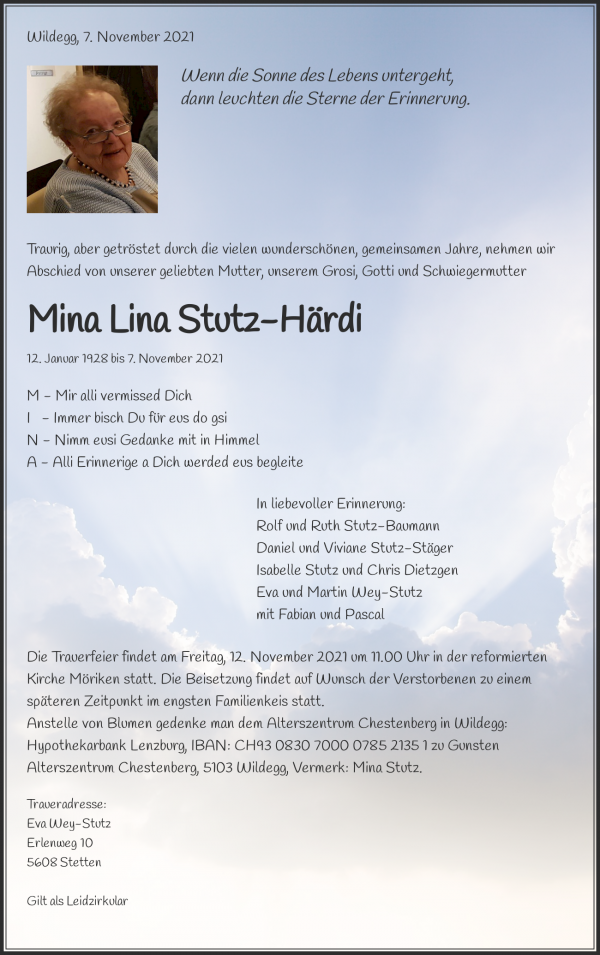 Avis de décès de Mina Lina Stutz-Härdi, Wildegg