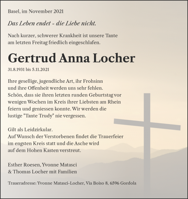 Todesanzeige von Gertrud Anna Locher, Basel