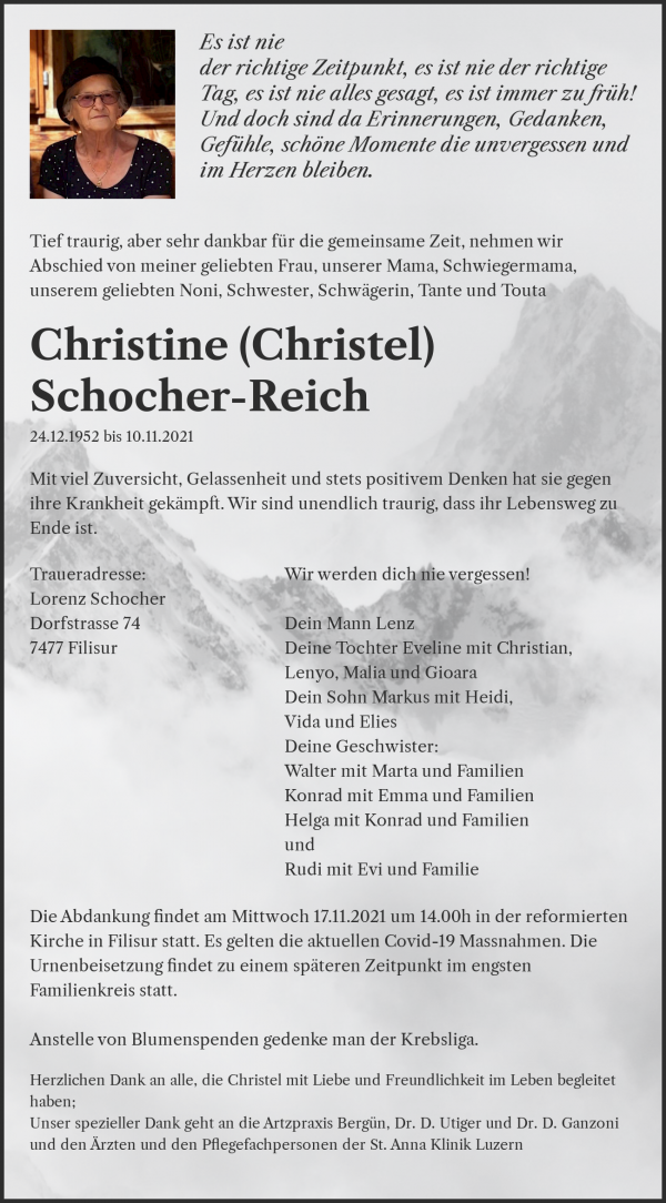 Necrologio Christine (Christel) Schocher-Reich, Filisur