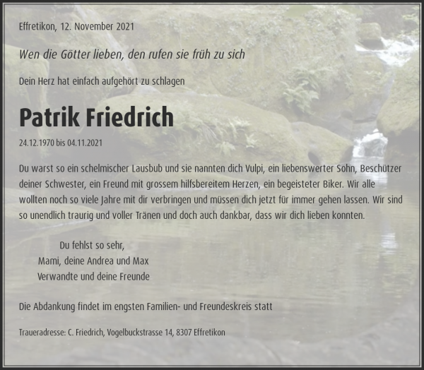 Obituary Patrik Friedrich, Volketswil