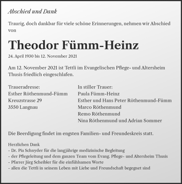 Avis de décès de Theodor Fümm-Heinz, Am Bach (Avers)