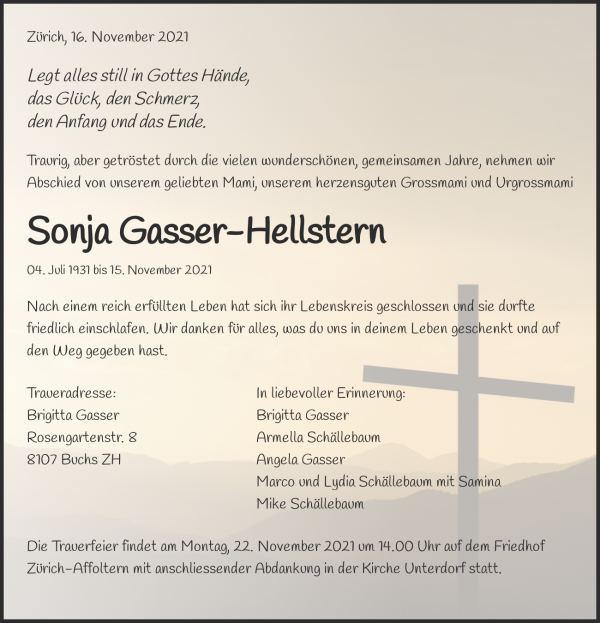Obituary Sonja Gasser-Hellstern, Zürich