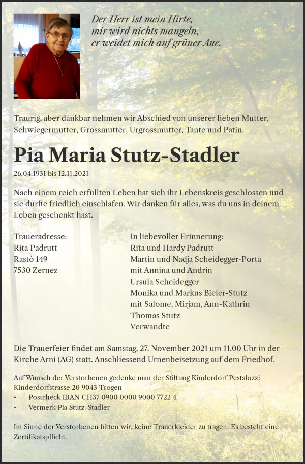 Avis de décès de Pia Maria Stutz-Stadler, Bremgarten