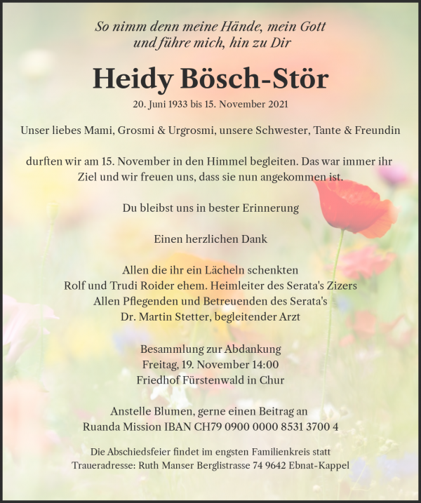Obituary Heidy Bösch-Stör, Zizers