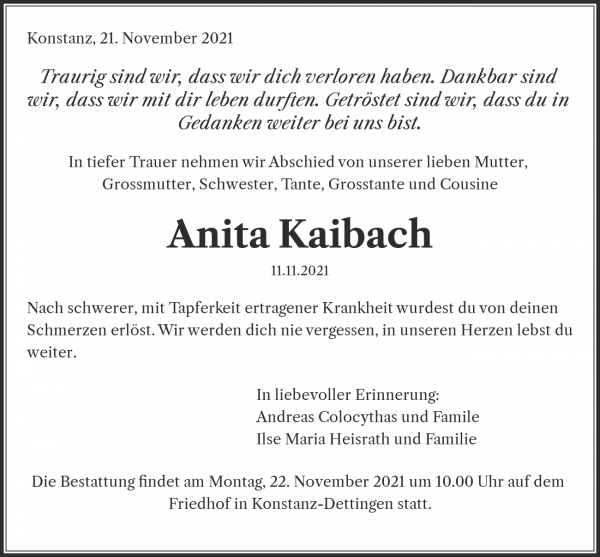 Avis de décès de Anita Kaibach, Konstanz