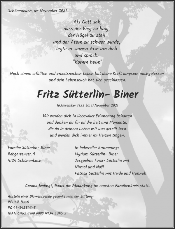 Necrologio Fritz Sütterlin- Biner, Schönenbuch
