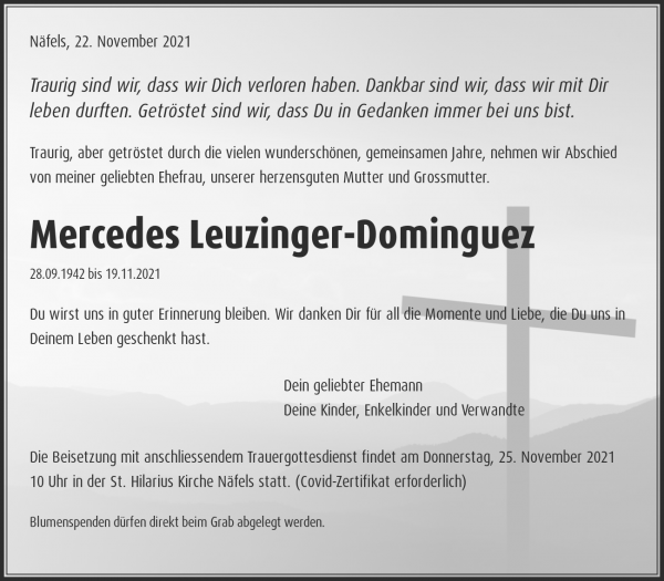 Avis de décès de Mercedes Leuzinger-Dominguez, Näfels