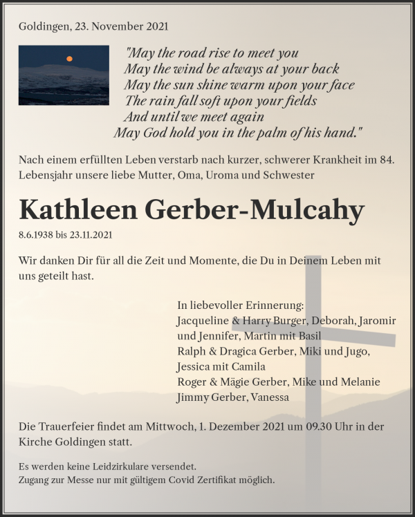 Todesanzeige von Kathleen Gerber-Mulcahy, Goldingen