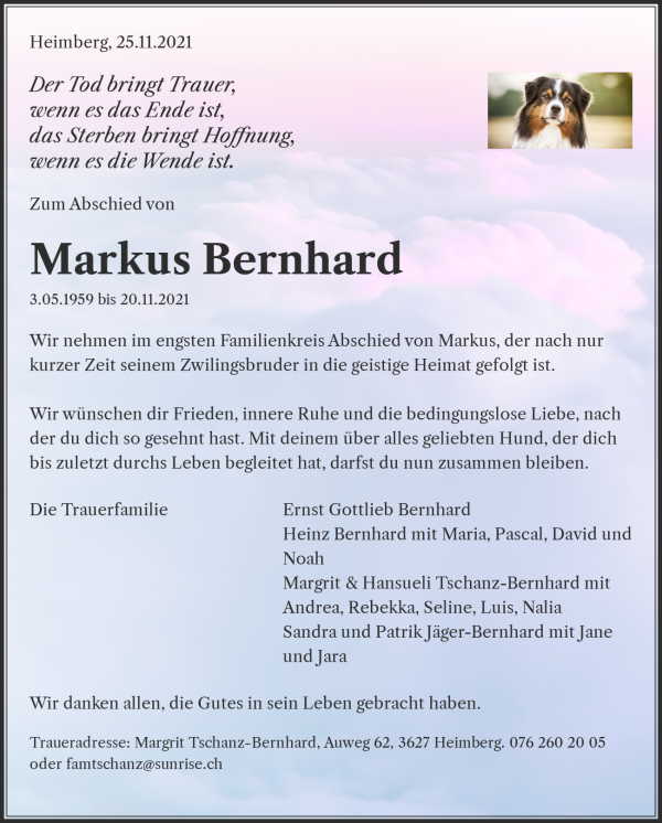 Todesanzeige von Markus Bernhard, Buchs