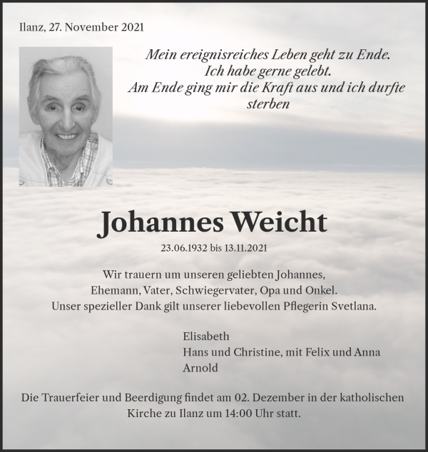 Obituary Johannes Weicht, Ilanz