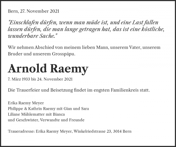Avis de décès de Arnold Raemy, Bern