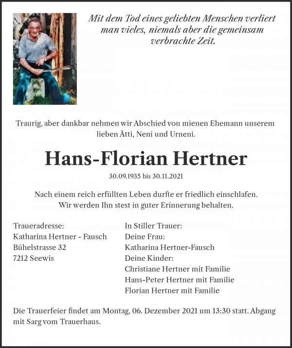 Avis de décès de Hans-Florian Hertner, Seewis