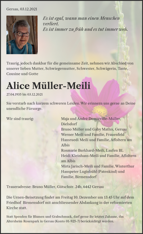 Avis de décès de Alice Müller-Meili, Gersau