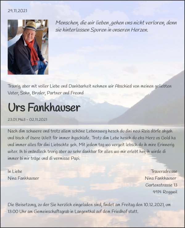 Avis de décès de Urs Fankhauser, Langenthal