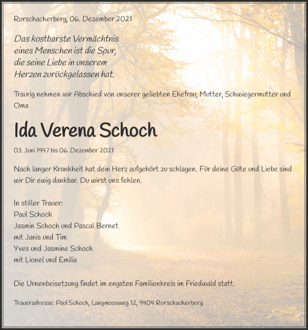 Obituary Ida Verena Schoch, Rorschacherberg