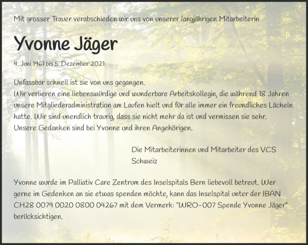 Avis de décès de Yvonne Jäger, Herzogenbuchsee