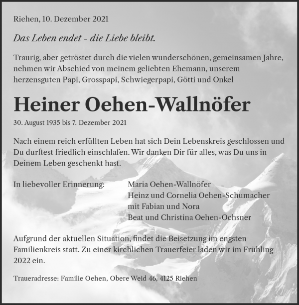 Avis de décès de Heiner Oehen-Wallnöfer, Riehen