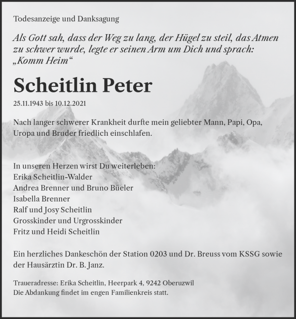 Todesanzeige von Scheitlin Peter, Oberuzwil