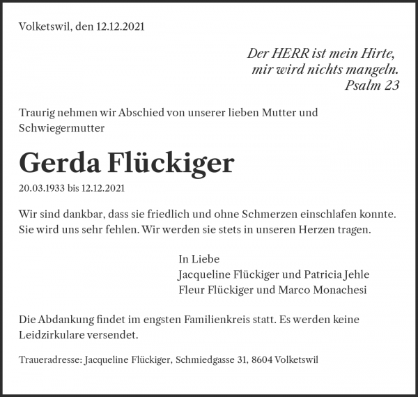 Todesanzeige von Gerda Flückiger, Volketswil