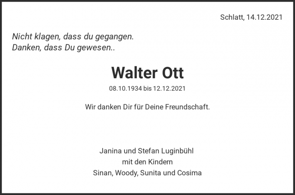 Obituary Walter Ott, Schlatt