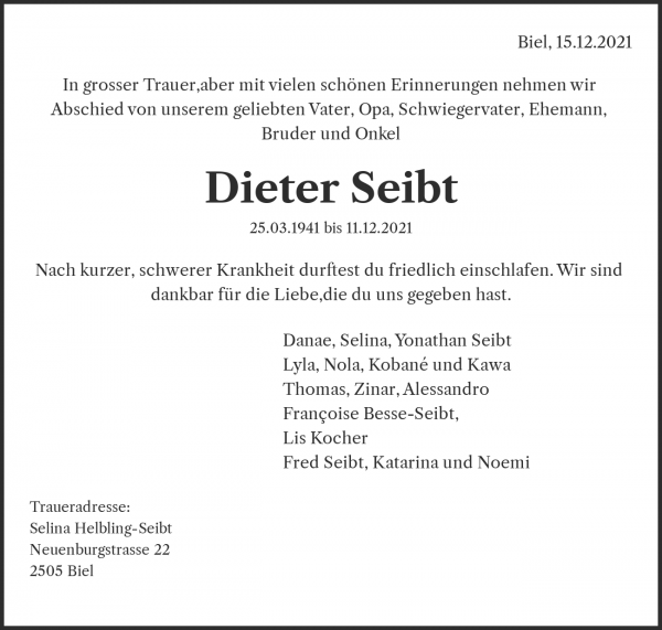 Avis de décès de Dieter Seibt, Bern