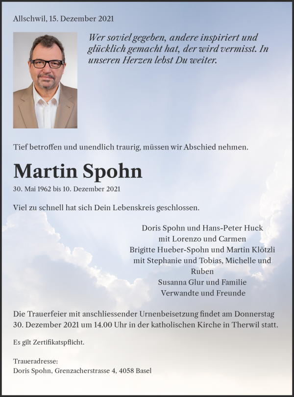 Avis de décès de Martin Spohn, Allschwil