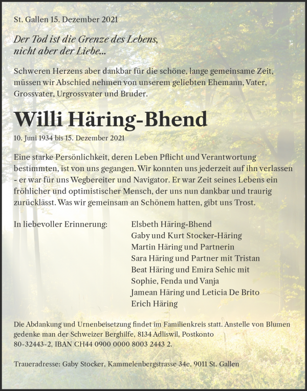 Todesanzeige von Willi Häring-Bhend, St.Gallen